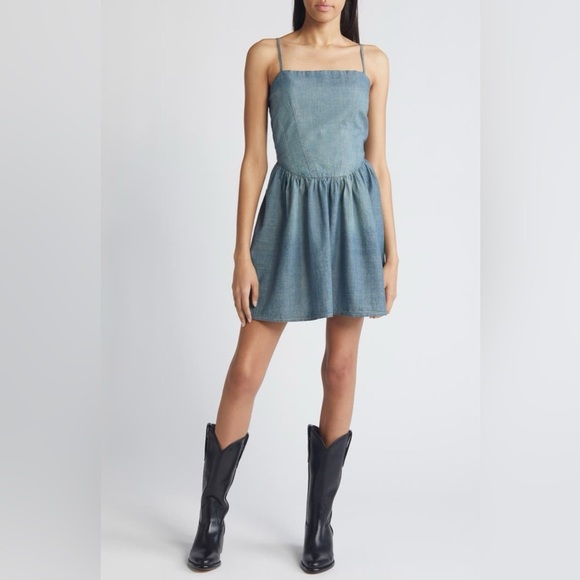 Re/Done Chambray Denim Mini Dress - size Small - Boho Cowgirl Sundress - Picture 3 of 8